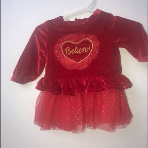 Baby Red Dress  with long sleeves -3 m. “Believe” in gold w hearts